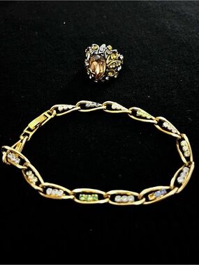 Gold Tone Pastel Rhinestone Bracelet & Amber Crystal Cocktail Ring
